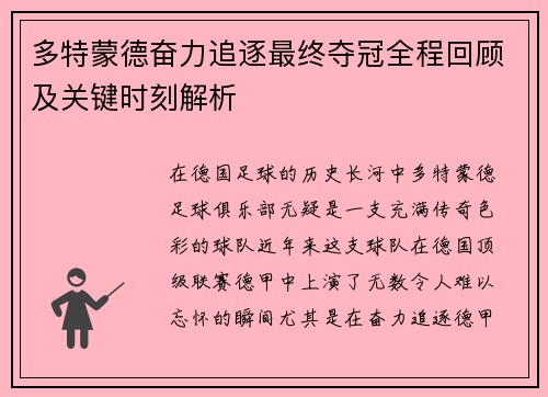 多特蒙德奋力追逐最终夺冠全程回顾及关键时刻解析